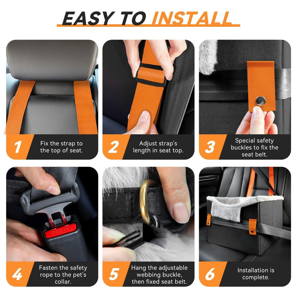 Portable dog car seat booster with fleece lining and clip-on leash in black