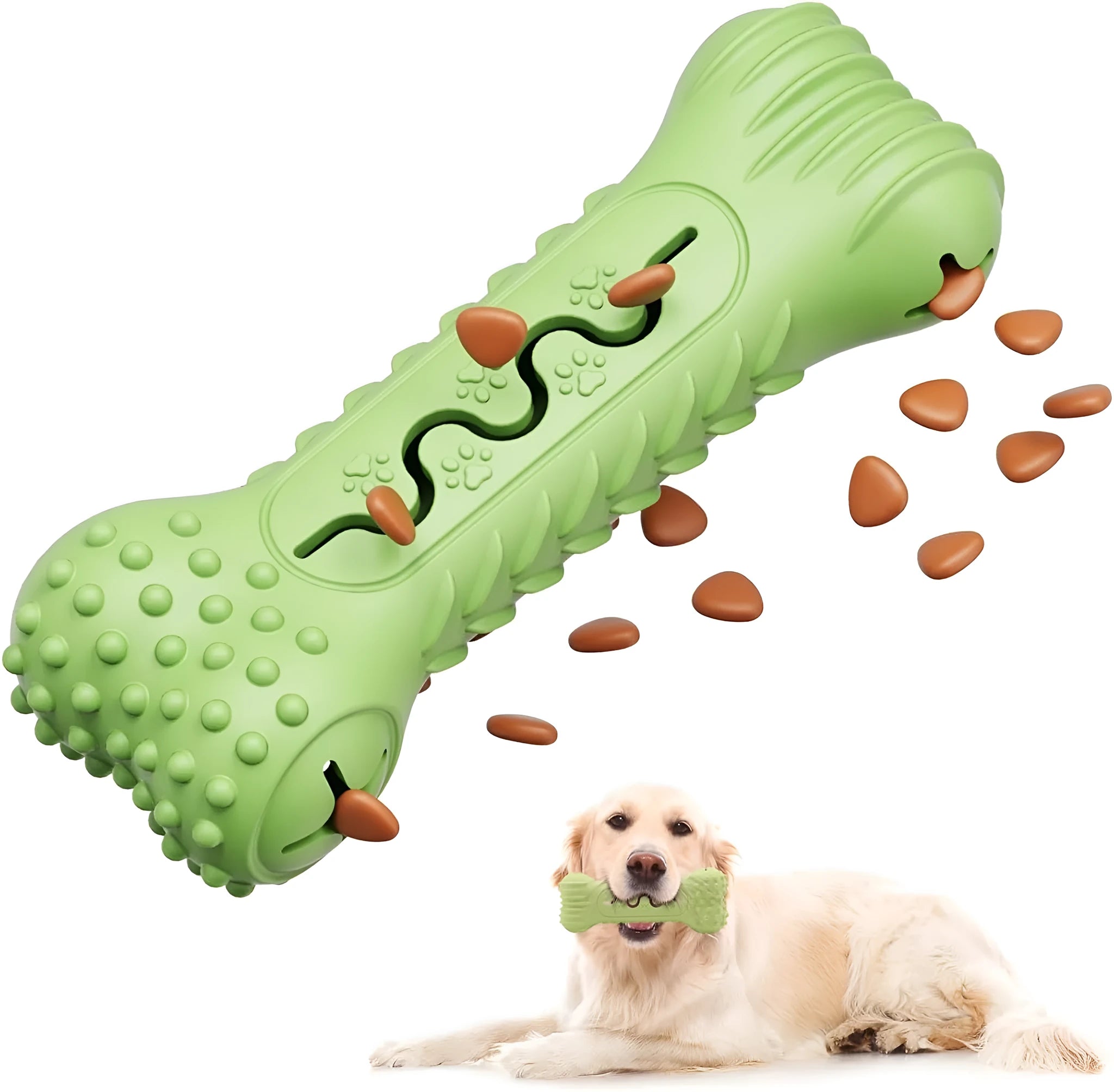 Blue, green and orange natural rubber bone-shaped dog chew toy for aggressive chewers