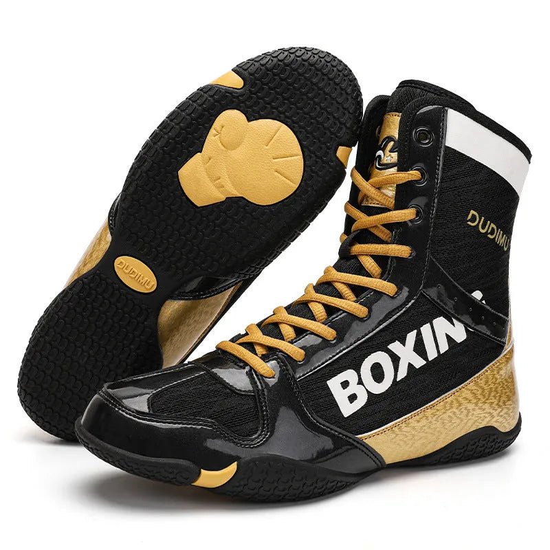 High-top combat training wrestling shoes with soft rubber soles in black gold colour