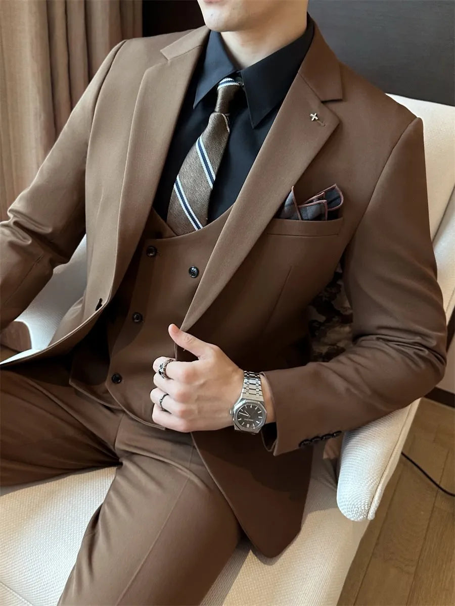 Men's slim fit dark green business suit jacket with structured shoulders on a hanger.