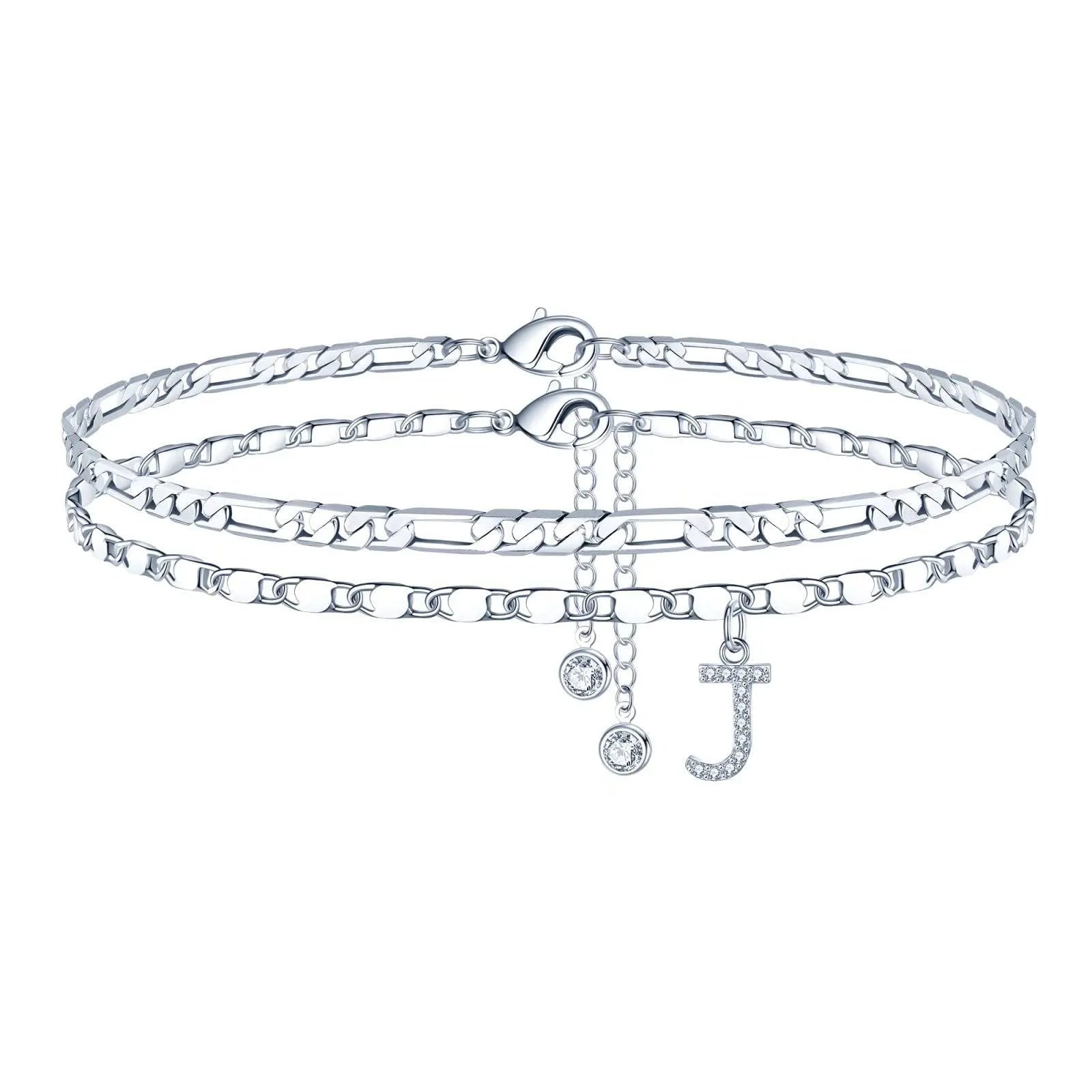Silver-coloured double-circle bead copper anklet showing alphabet letter modelling on ankle.