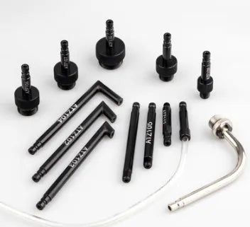 Transmission oil refuelling machine kit with thirteen adapters and injector tool for wave box connections