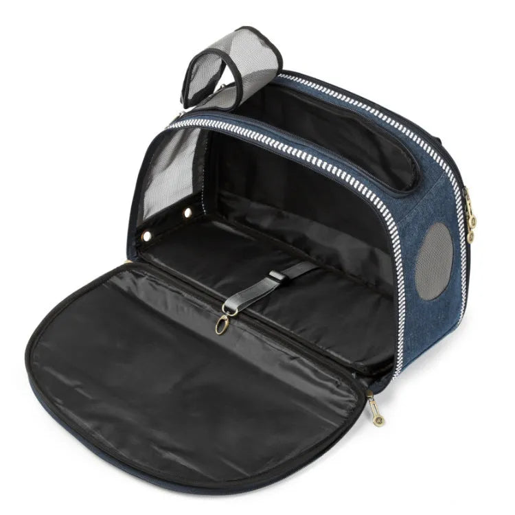 Blue denim pet bag with Japanese cartoon pattern for small dogs and cats