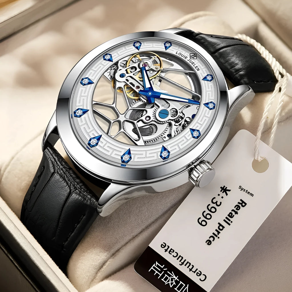 Men's silver case mechanical watch with white dial, blue hands, and a black genuine leather strap.