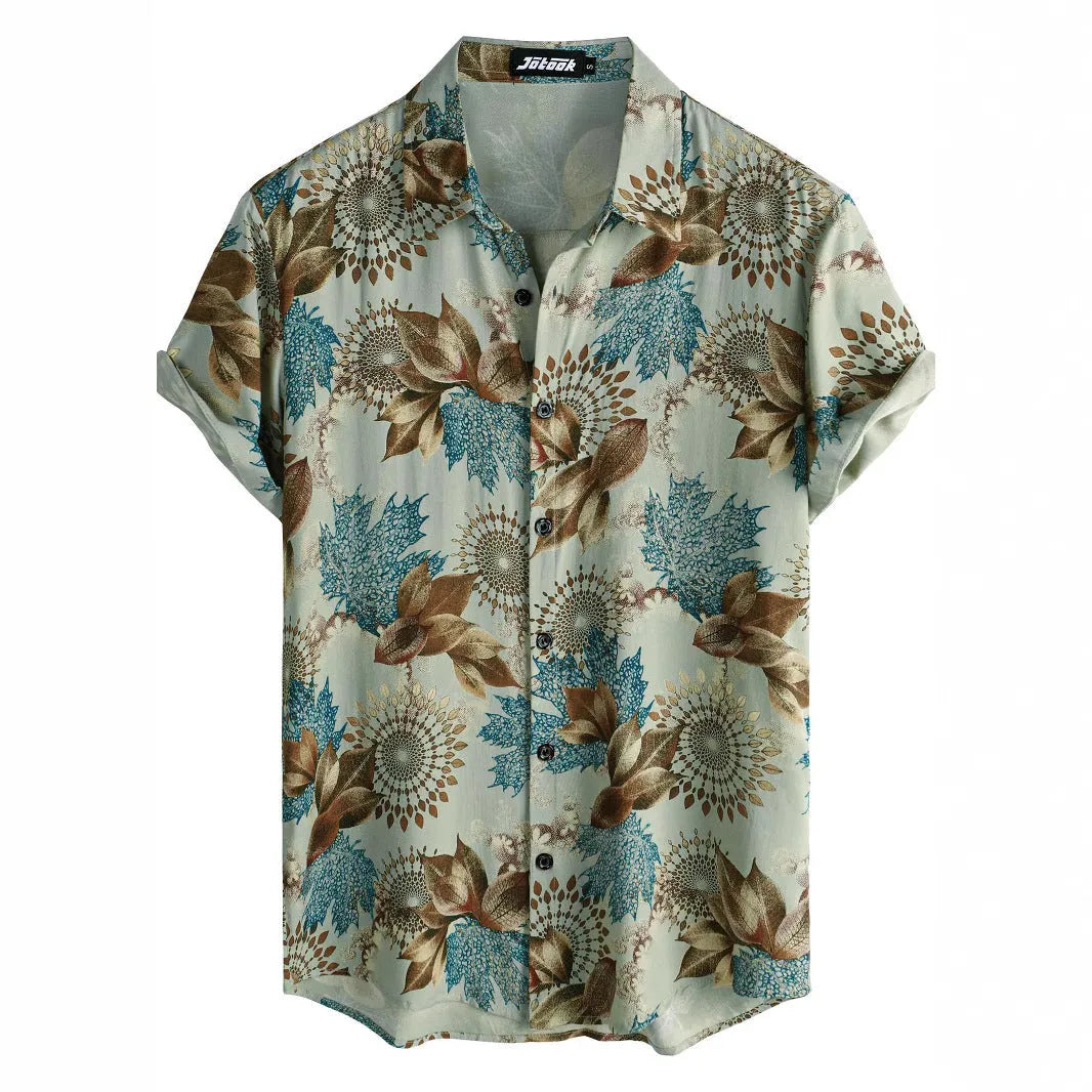 Short sleeve Hawaiian floral print shirt with lapel, shown in a vibrant colour on a model.