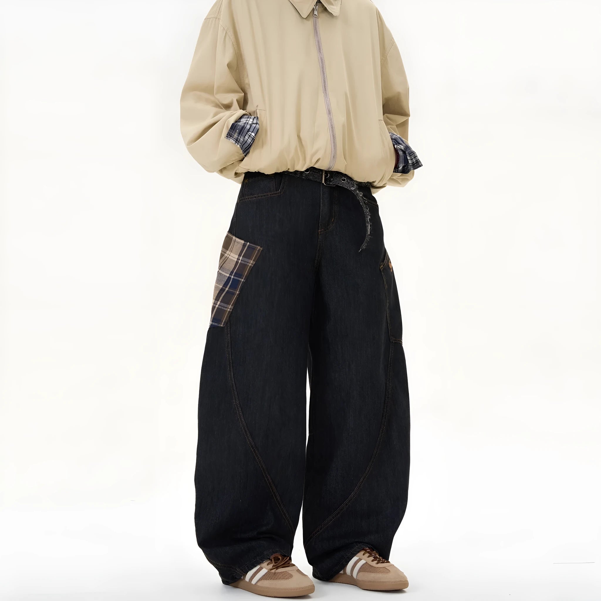 Cotton loose straight-leg trousers in plaid pattern showing mid waist and casual styling