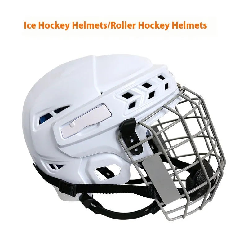 Ice hockey helmet with a carbon steel face mask and cushioned lining, shown in available sizes.