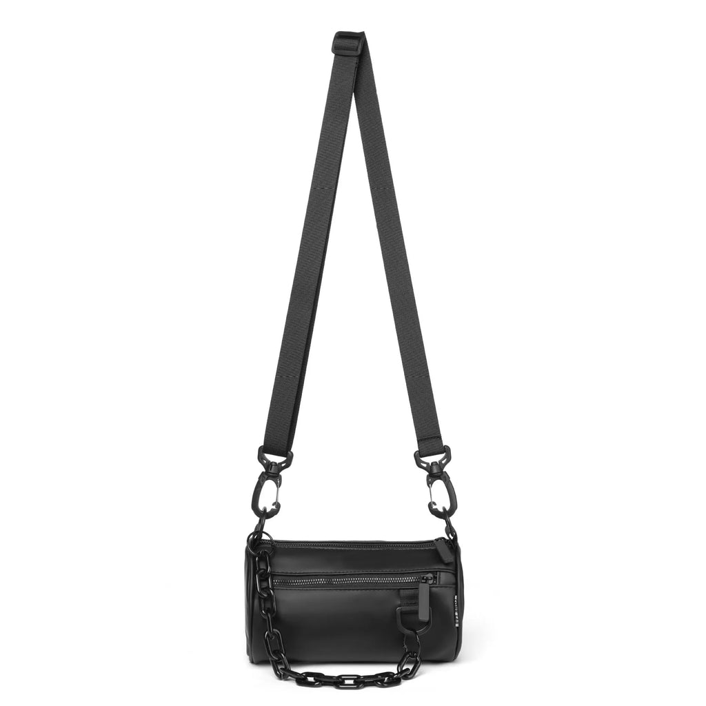 Oxford cloth messenger crossbody bag in black colour with chain detail and waterproof construction