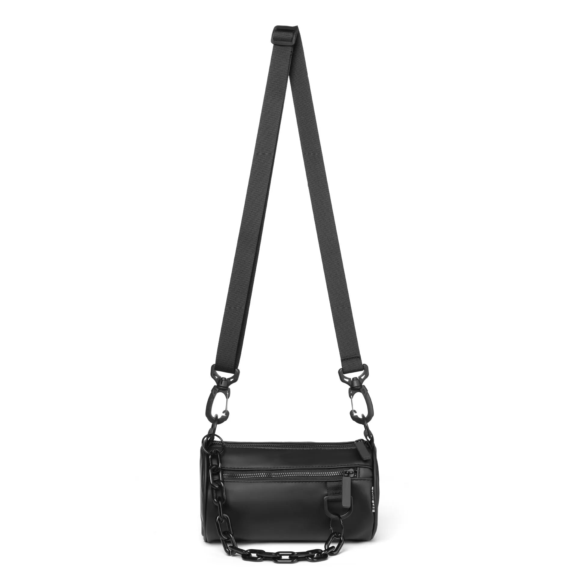 Oxford cloth messenger crossbody bag in black colour with chain detail and waterproof construction