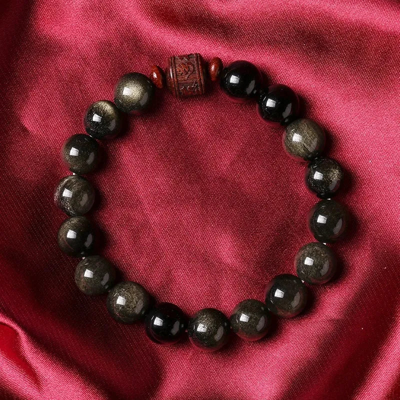 Golden obsidian vintage life bracelet with 10mm hand-woven beads and national style elements