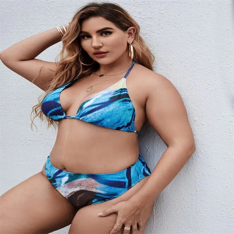 Sapphire Blue women's polyester bikini three-piece set for swimming