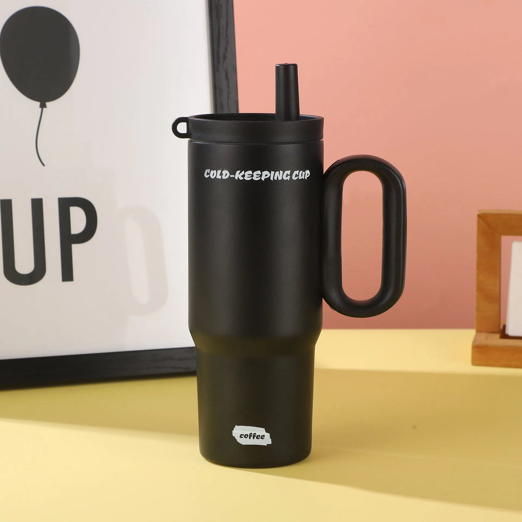 Large insulated plastic straw cup with a carry handle in a choice of five colours.