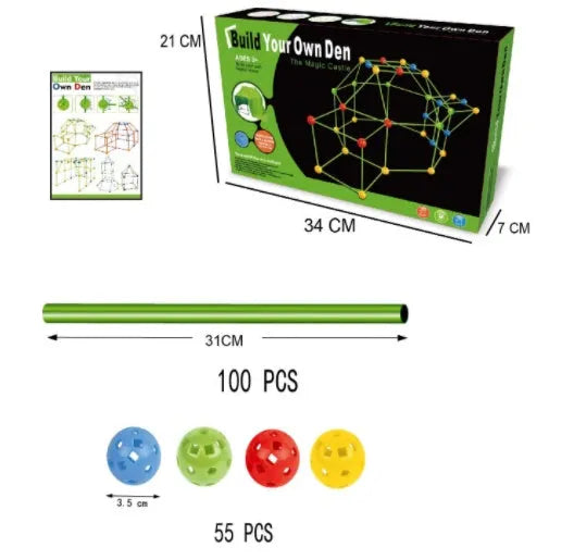 Luminous children's fort building kit with plastic sticks and connector balls for constructing castles and play tents