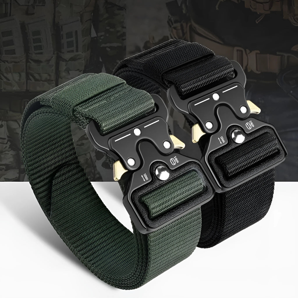 Men's tactical canvas belt with alloy release buckle in Army Green colour on a neutral background.