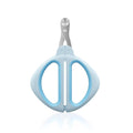 Blue pet nail clipper with a round positioning hole and stainless steel blade for trimming cat nails.