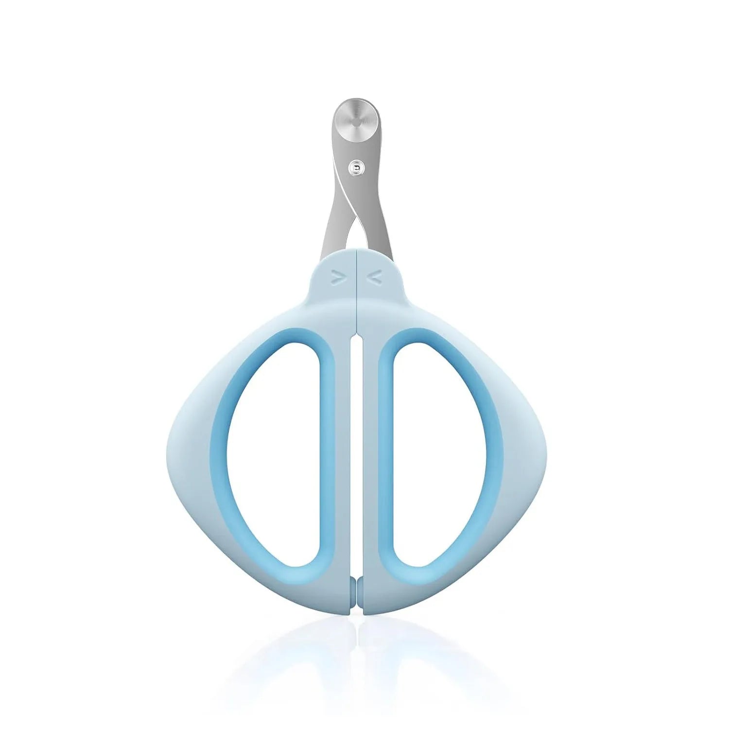 Blue pet nail clipper with a round positioning hole and stainless steel blade for trimming cat nails.