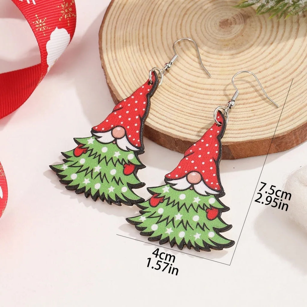 Wooden Christmas earrings with printed tree and snowman geometric designs