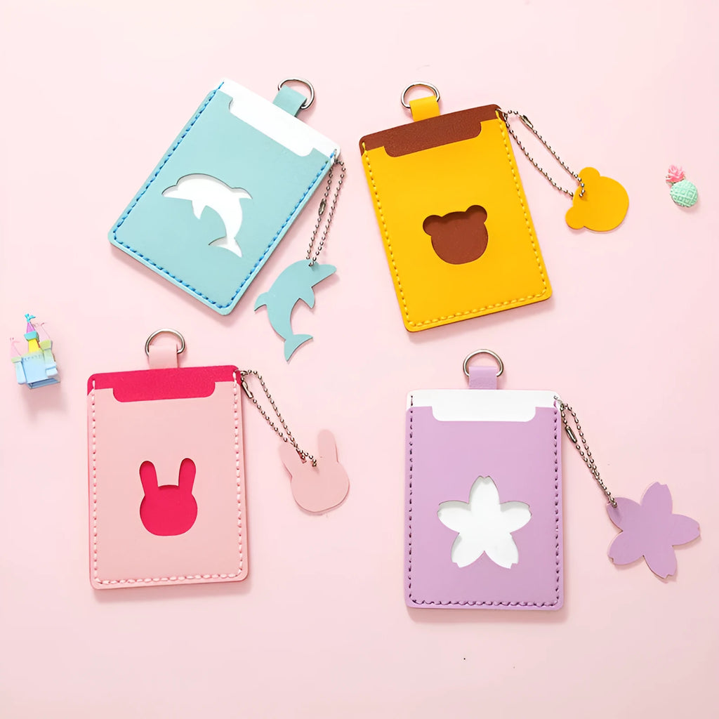 Handmade DIY PU cartoon card holder kit with lanyard in yellow bear, pink rabbit, blue whale, or purple pattern