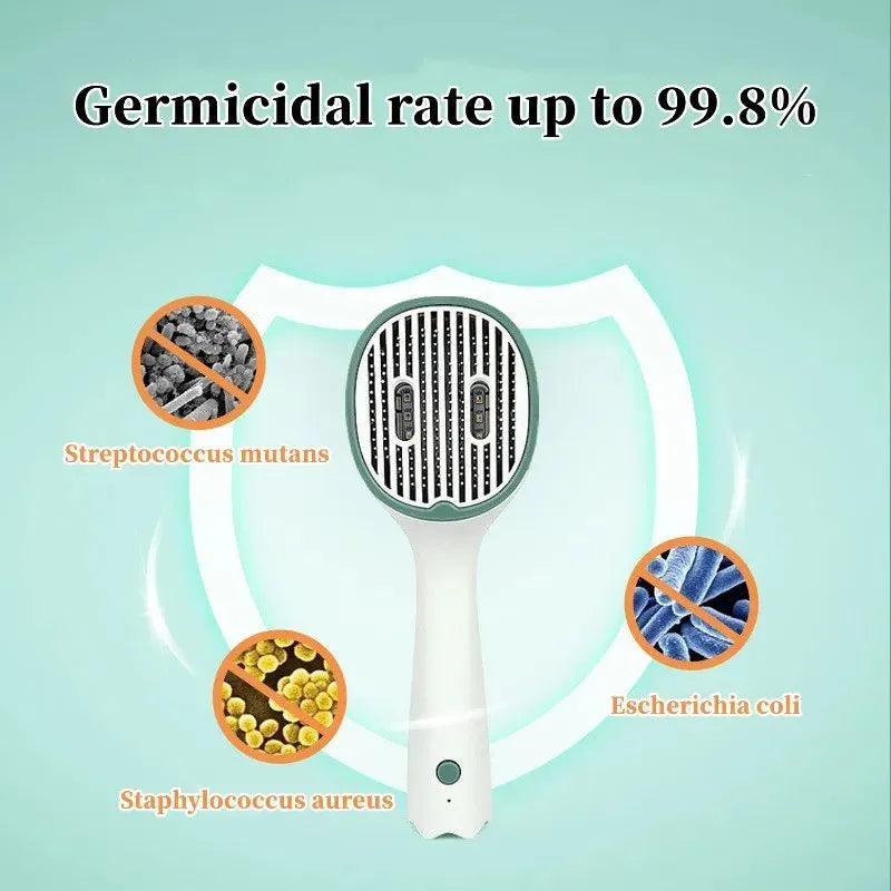 Dark green pet grooming comb with UVC sterilisation light, slicker brush, and needle comb on a grey background.