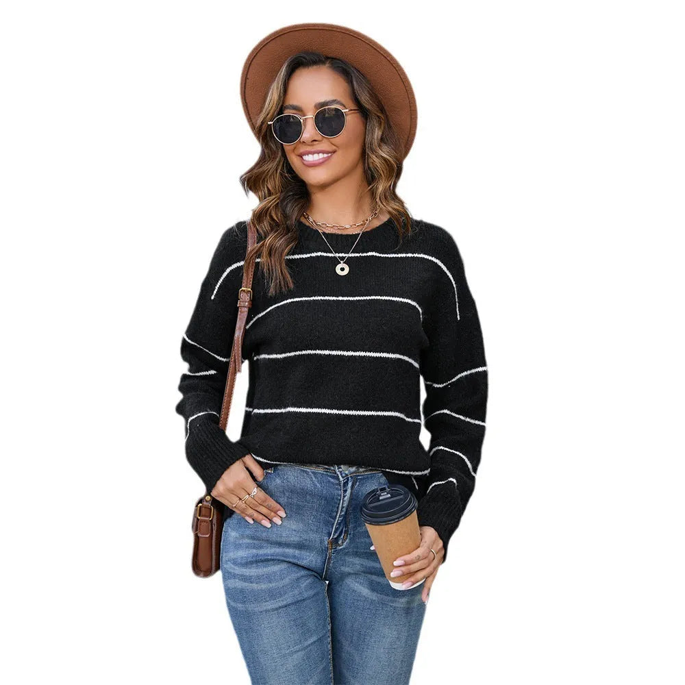 Women's striped pullover sweater loose fit black white street fashion