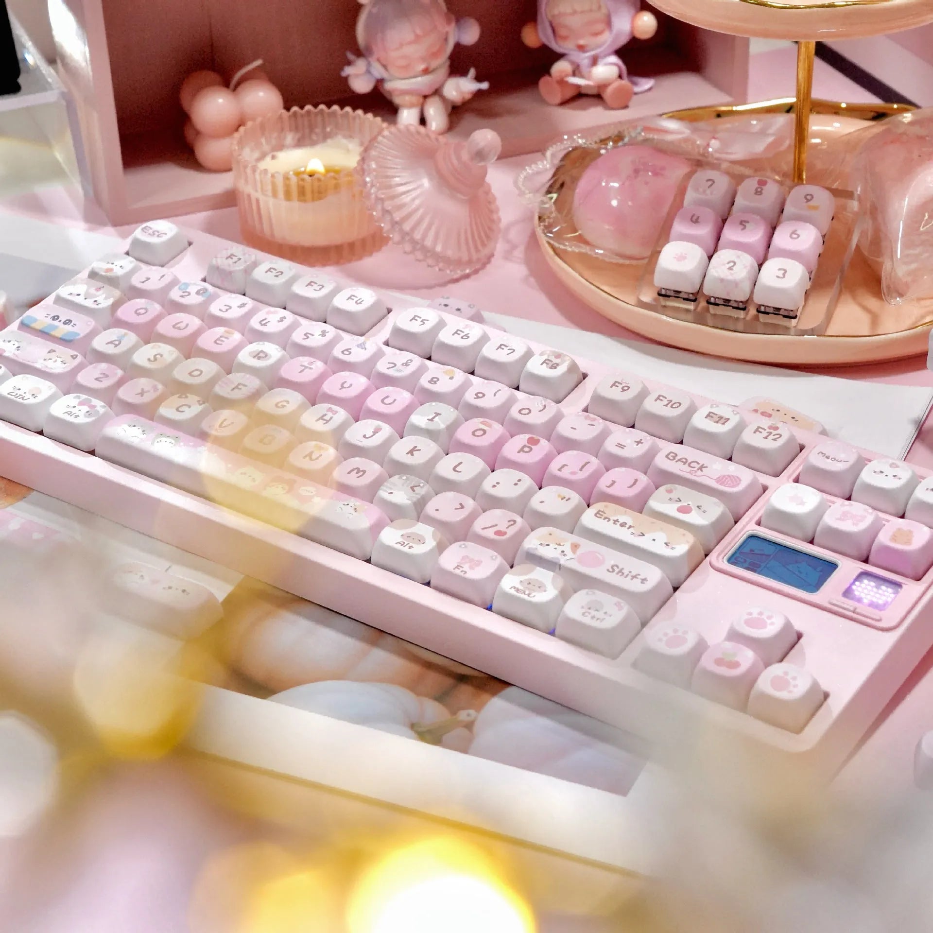 Pink MOA height mechanical keyboard keycaps with cartoon artwork on all five sides