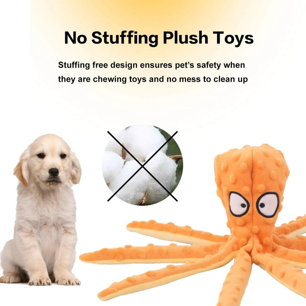 Blue octopus-shaped dog chew toy with tentacles, no stuffing, crinkle and squeaker sounds