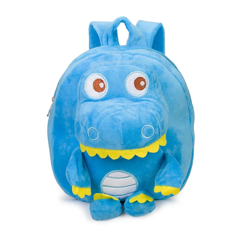 Blue dinosaur plush backpack for children with embroidered character and soft handle