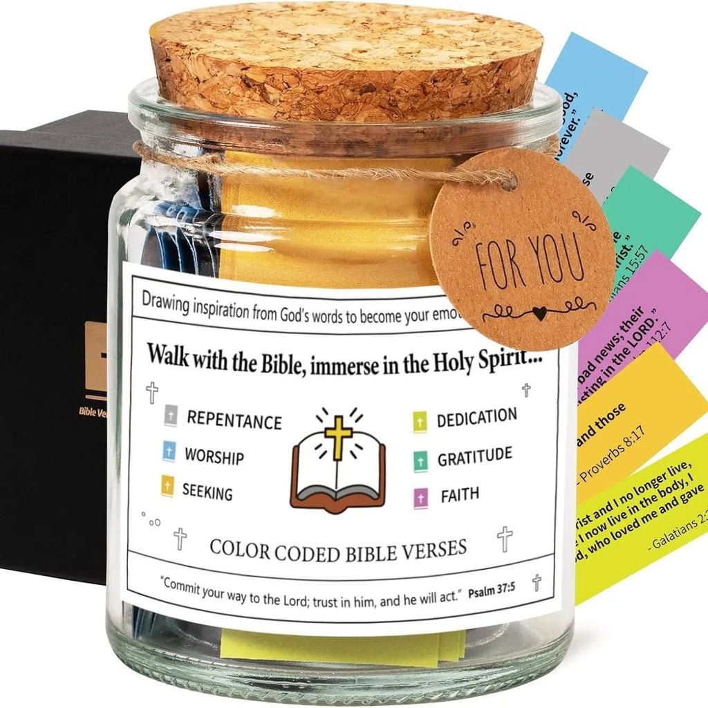 Glass Bible Verses In A Jar with cartoon decoration showing colourful verse strips inside
