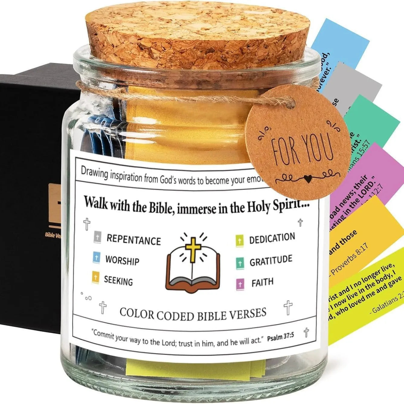 Glass Bible Verses In A Jar with cartoon decoration showing colourful verse strips inside