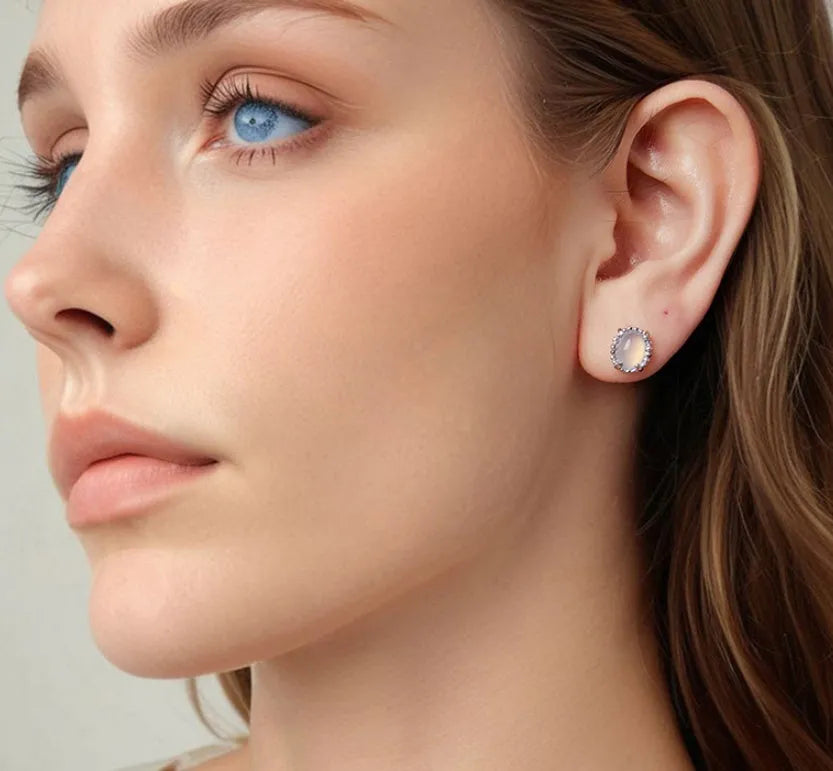 Women's 925 sterling silver magic stone stud earrings geometric ellipse French retro style