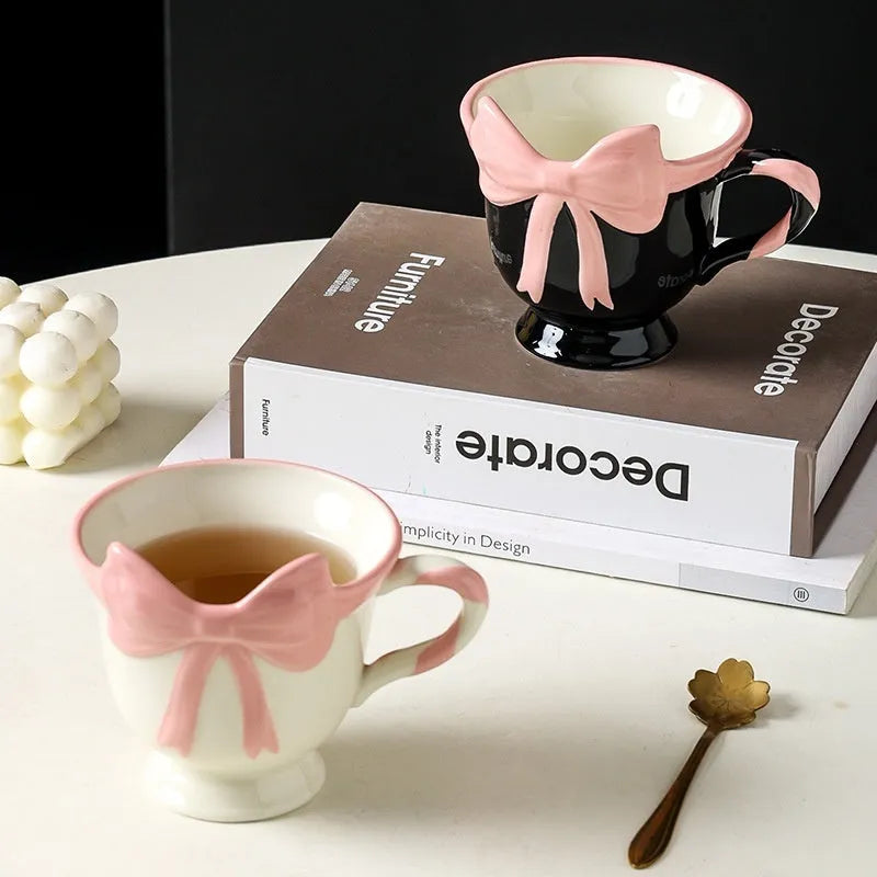 Original design ceramic heart bow mug in black pink or white powder colour with 301-400ml capacity