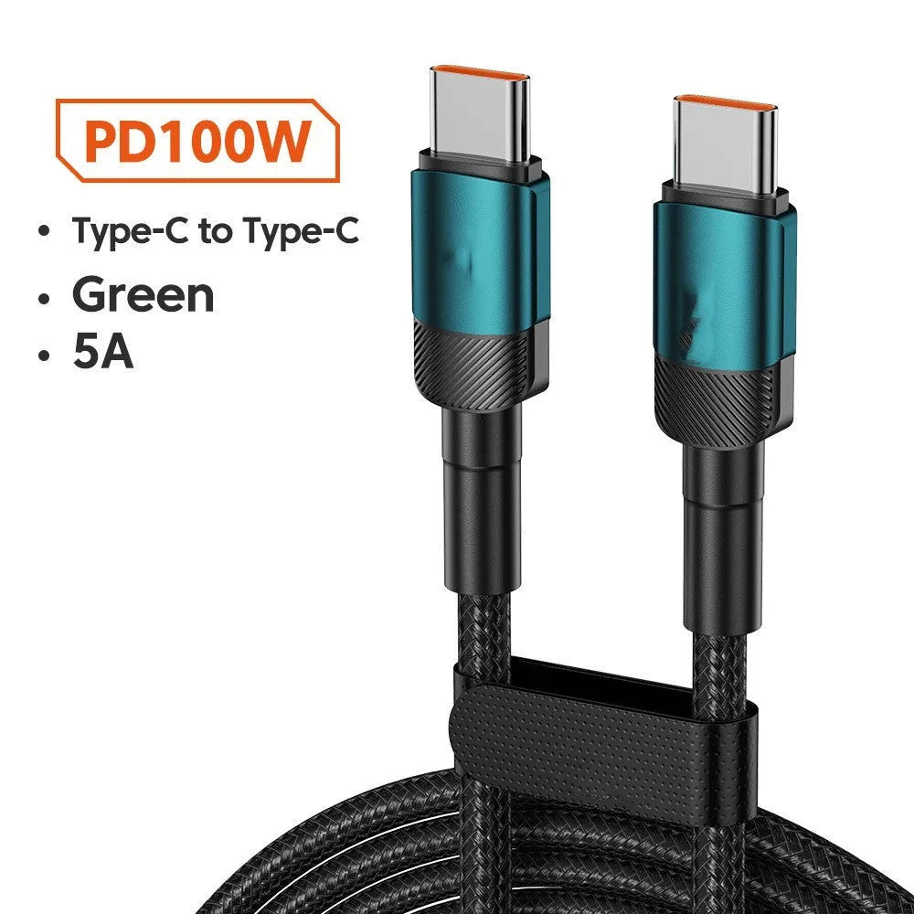 Aluminium alloy woven USB charging cable with 100W PD fast charging in black, blue, purple, or green