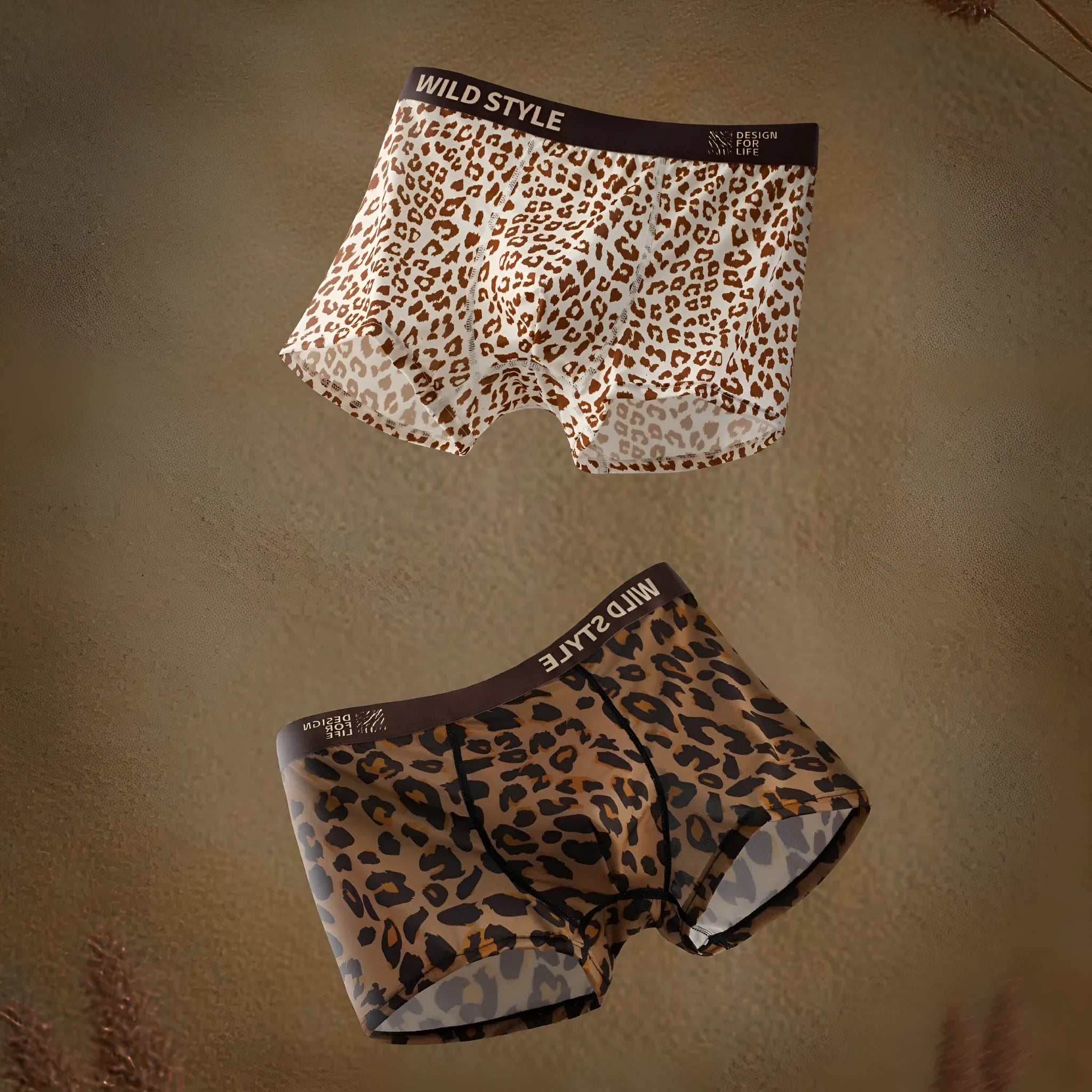 Men's leopard print polyester ice silk underwear showing mid waist design.