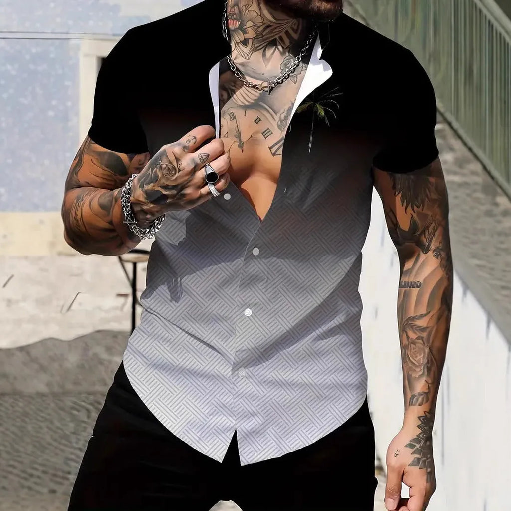 Men's slim fit geometric print lapel shirt in polyester for summer.