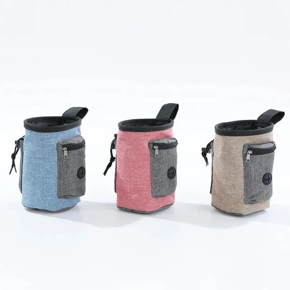 Adjustable waterproof waist bag for dog walking with side clip and multiple pockets.