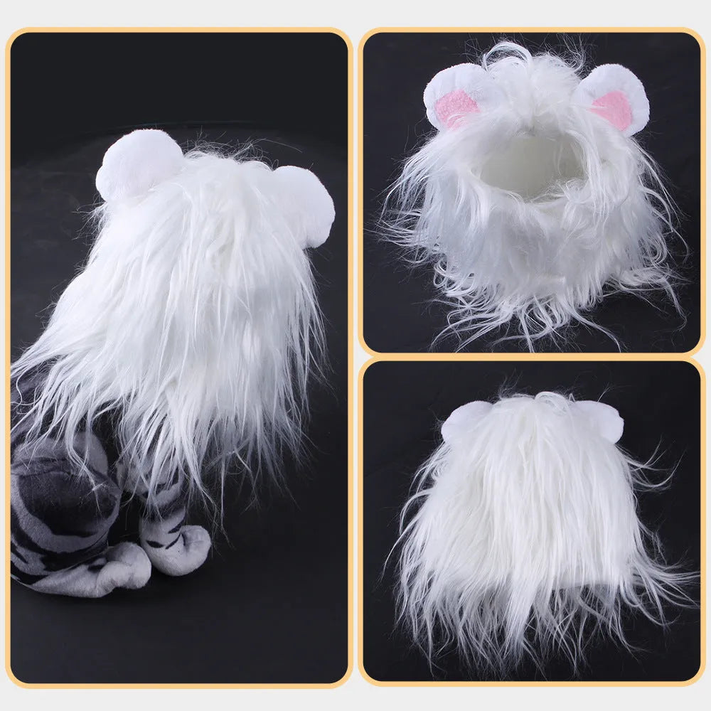Black lion headgear wig on cat with three size options available