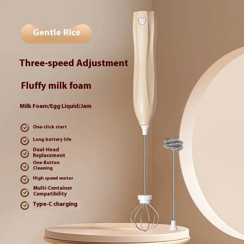 Mini milk frother with 304 stainless steel shaft, three-speed control, Type-C charging, beige colour