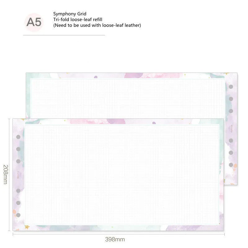 Handbook loose-leaf refill sheets showing floral monthly planner and symphony tri-fold layouts in A5, A6, A7 sizes