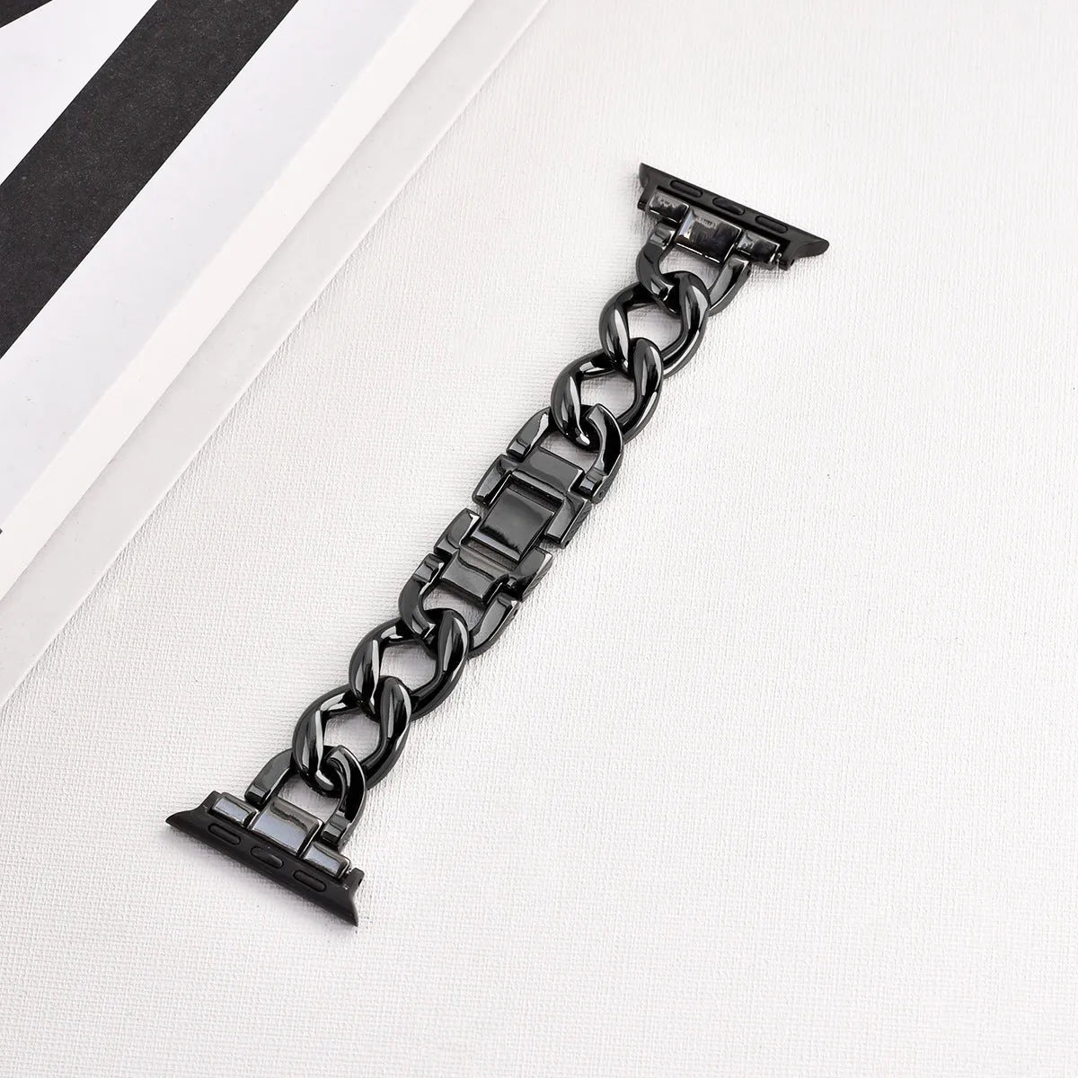Metal denim chain link Apple Watch strap in silver, black, gold, rose gold and starlight colours.