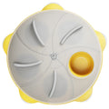 Yellow plastic cat entertainment plate with snack storage compartments and dispensing channels