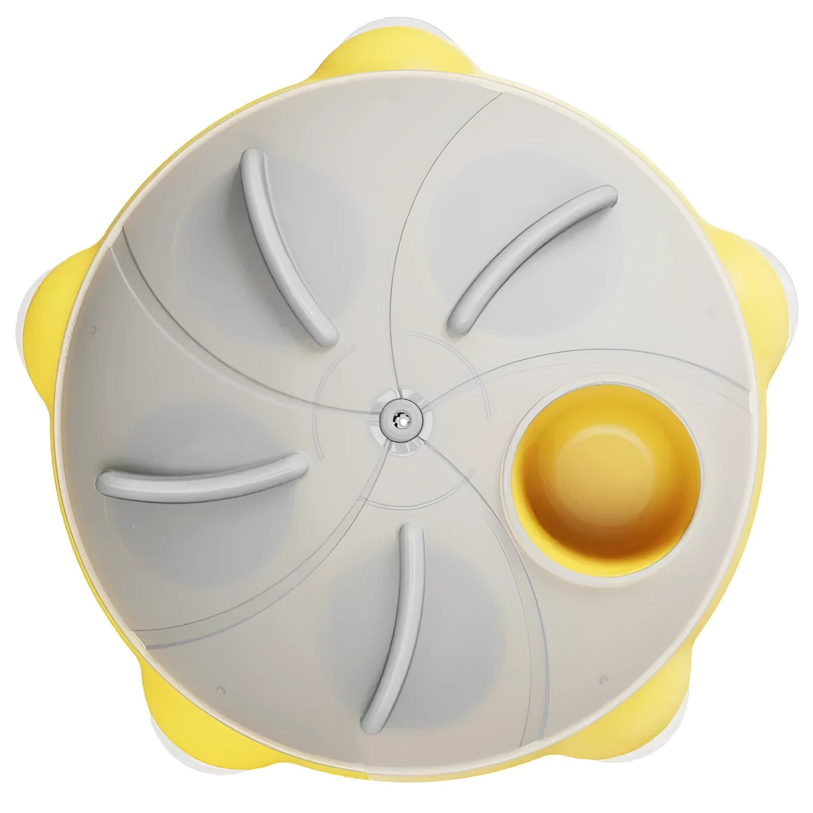 Yellow plastic cat entertainment plate with snack storage compartments and dispensing channels