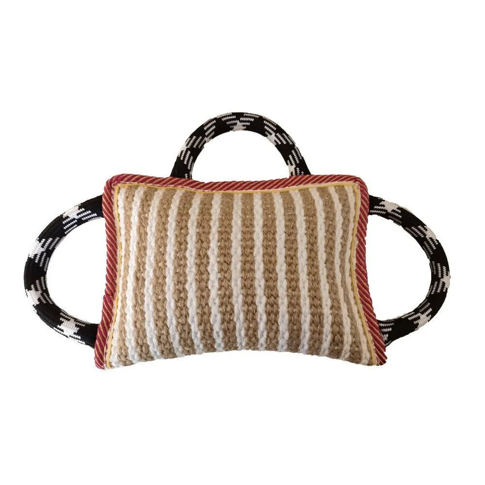 Dog jute bite pillow rope toy with three handles for tug of war games