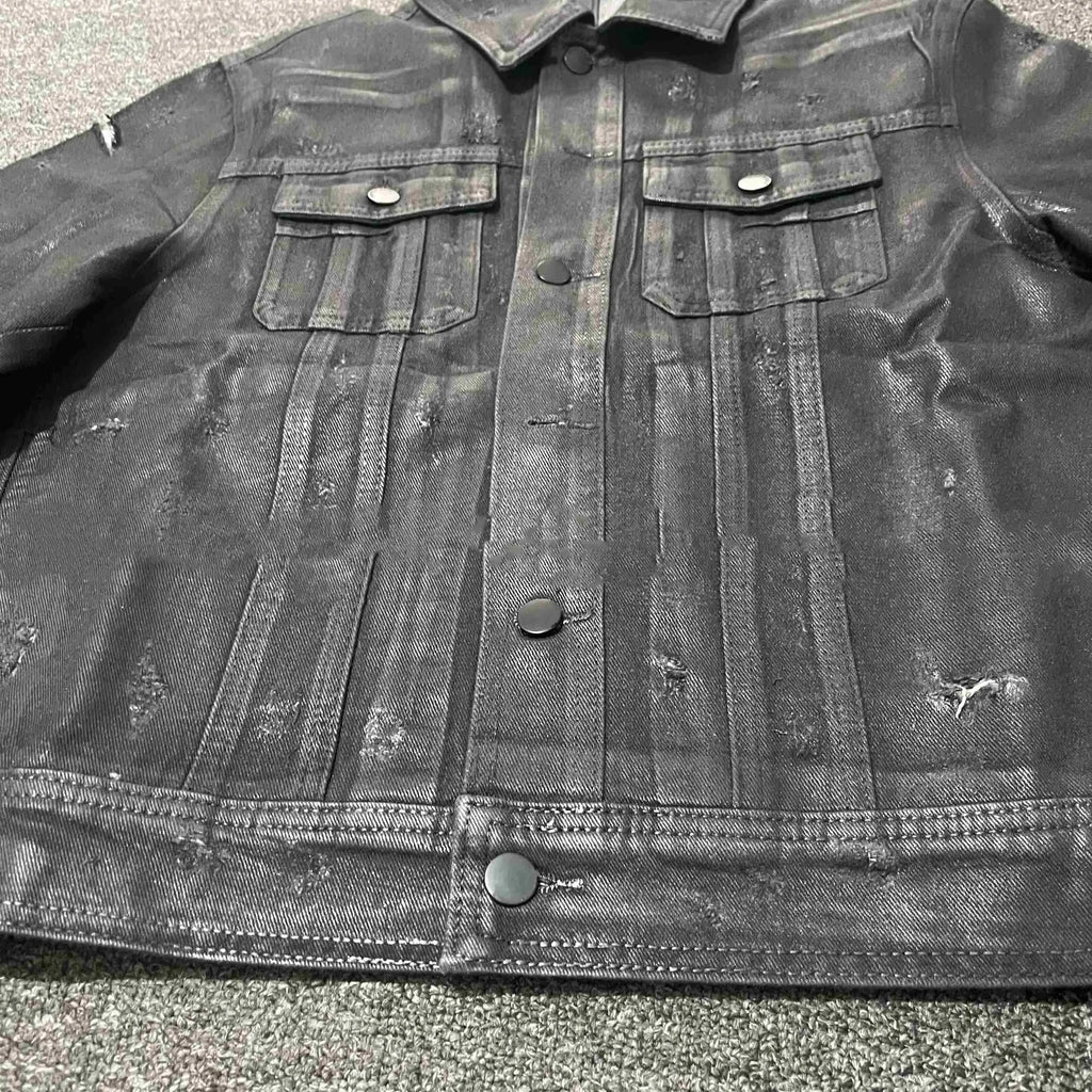 Denim coat archive short slim jacket in black polyester with lapel collar and long sleeves