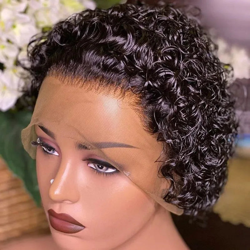 Black human hair lace front wig with pre-plucked 13x1 hairline on a stand, showing natural style.
