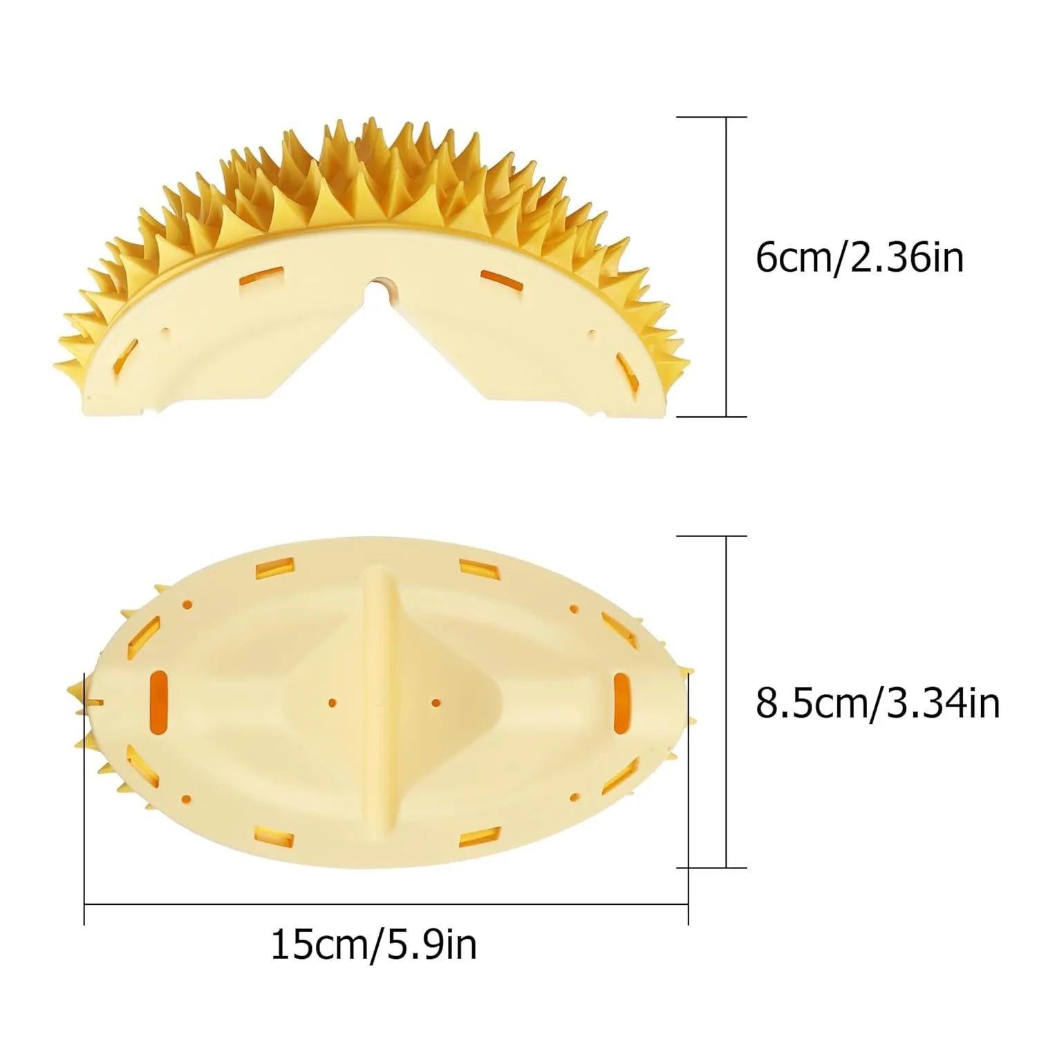 Yellow durian-shaped cat corner scratcher and massage comb mounted on a wall.