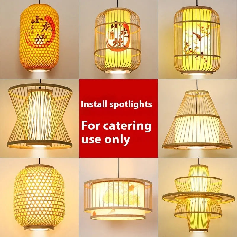 Bamboo lantern chandelier 40x40cm with spotlight, modern Chinese style, Wax Gourd Style, for restaurant ceiling