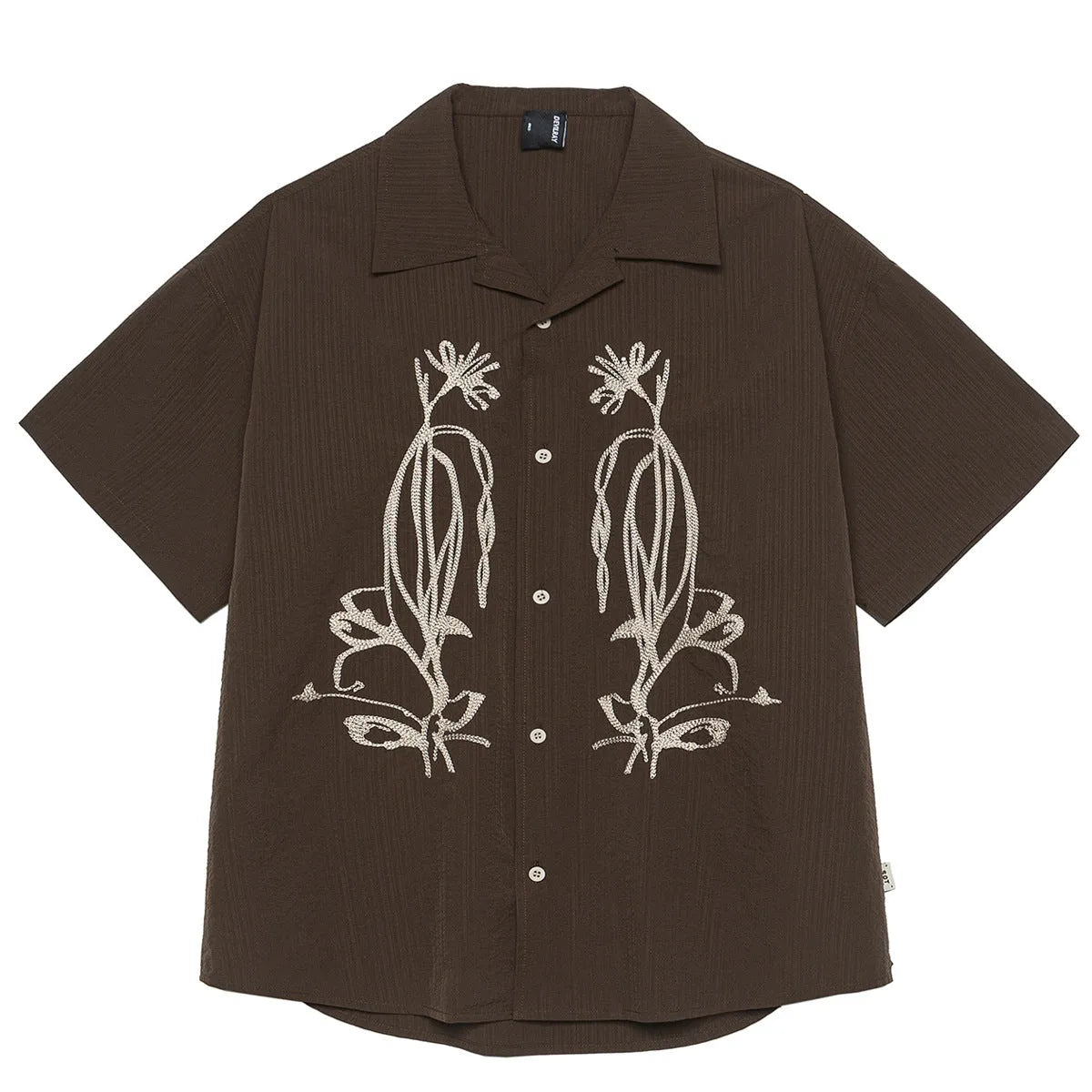 Brown striped men's short sleeve outdoor shirt with Cuban collar on a mannequin.
