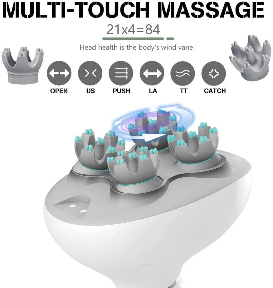 White rechargeable waterproof electric scalp head massager with wireless remote control on a surface