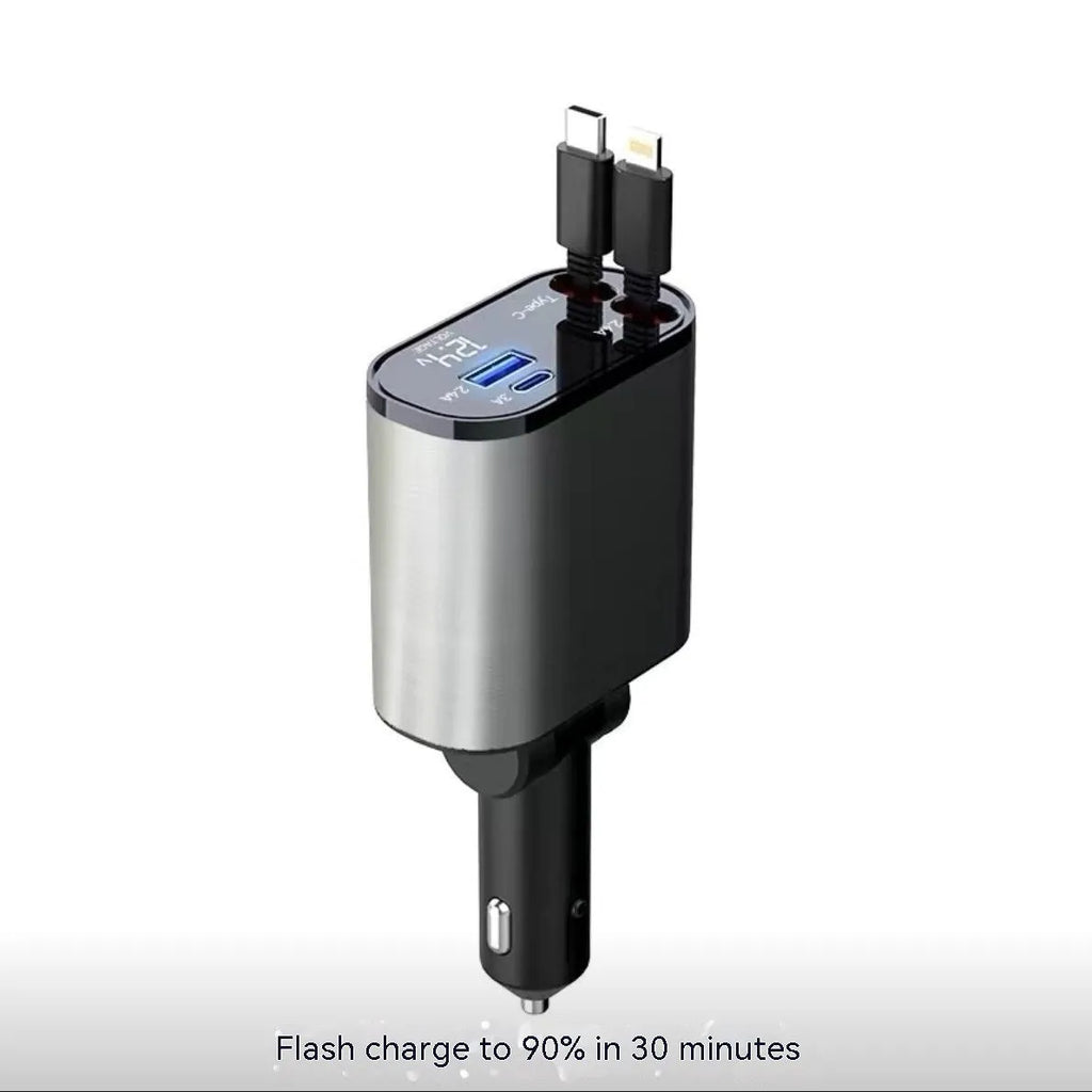 Automatic retractable cable car charger plugged into a vehicle cigarette lighter socket.