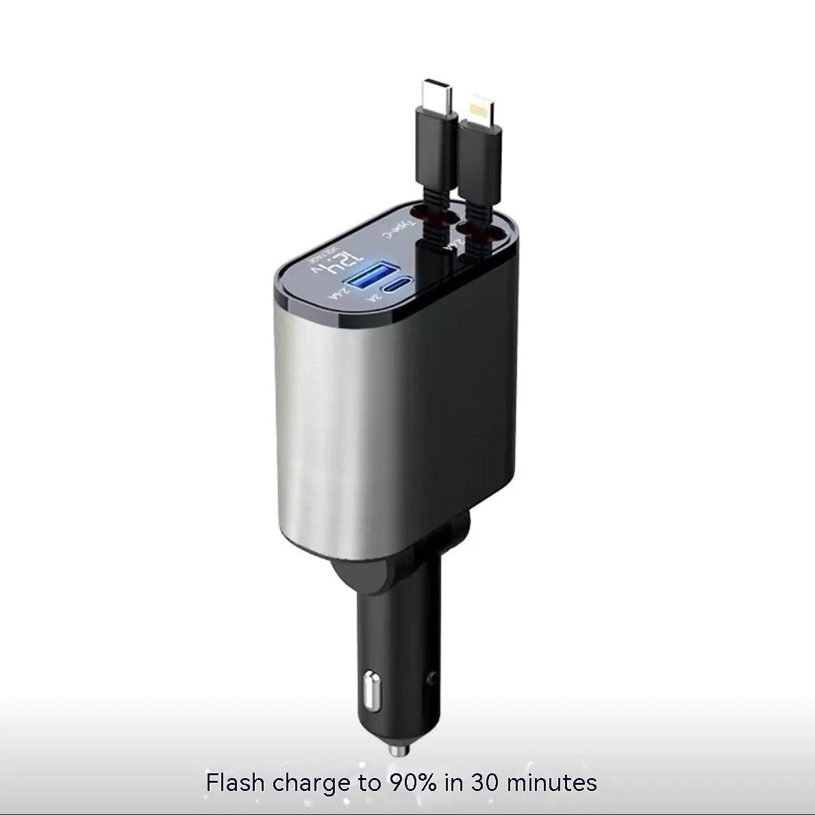Automatic retractable cable car charger plugged into a vehicle cigarette lighter socket.